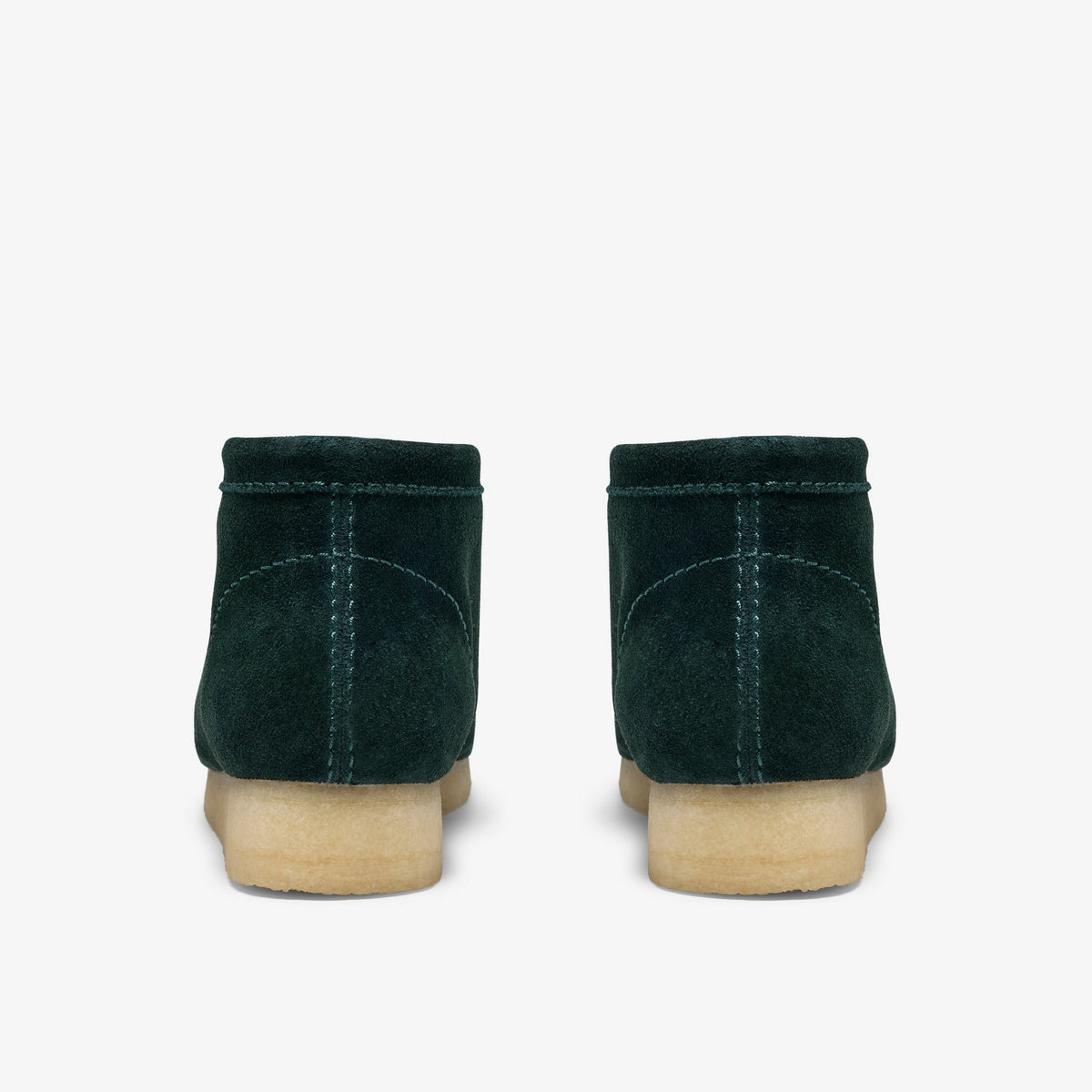 Clarks Originals Wallabee Boot back view of pair in Forest Green Weave suede with tonal heel stitching and crepe soles