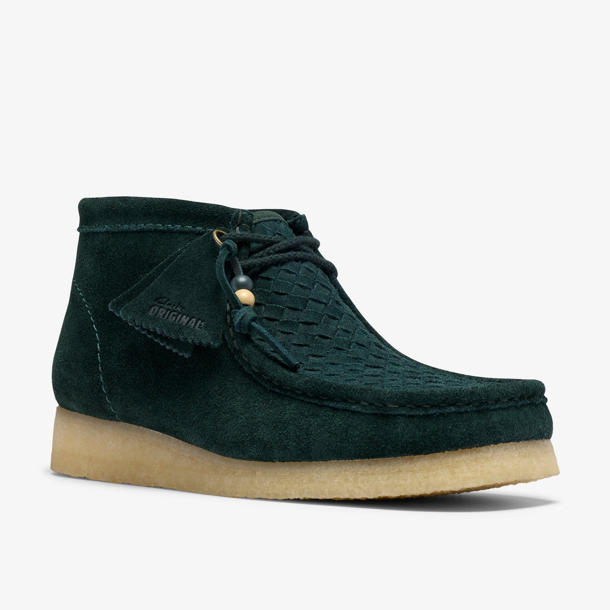 Clarks Wallabee Boot in Forest Green Weave, front angle with woven suede vamp, beaded laces and crepe sole