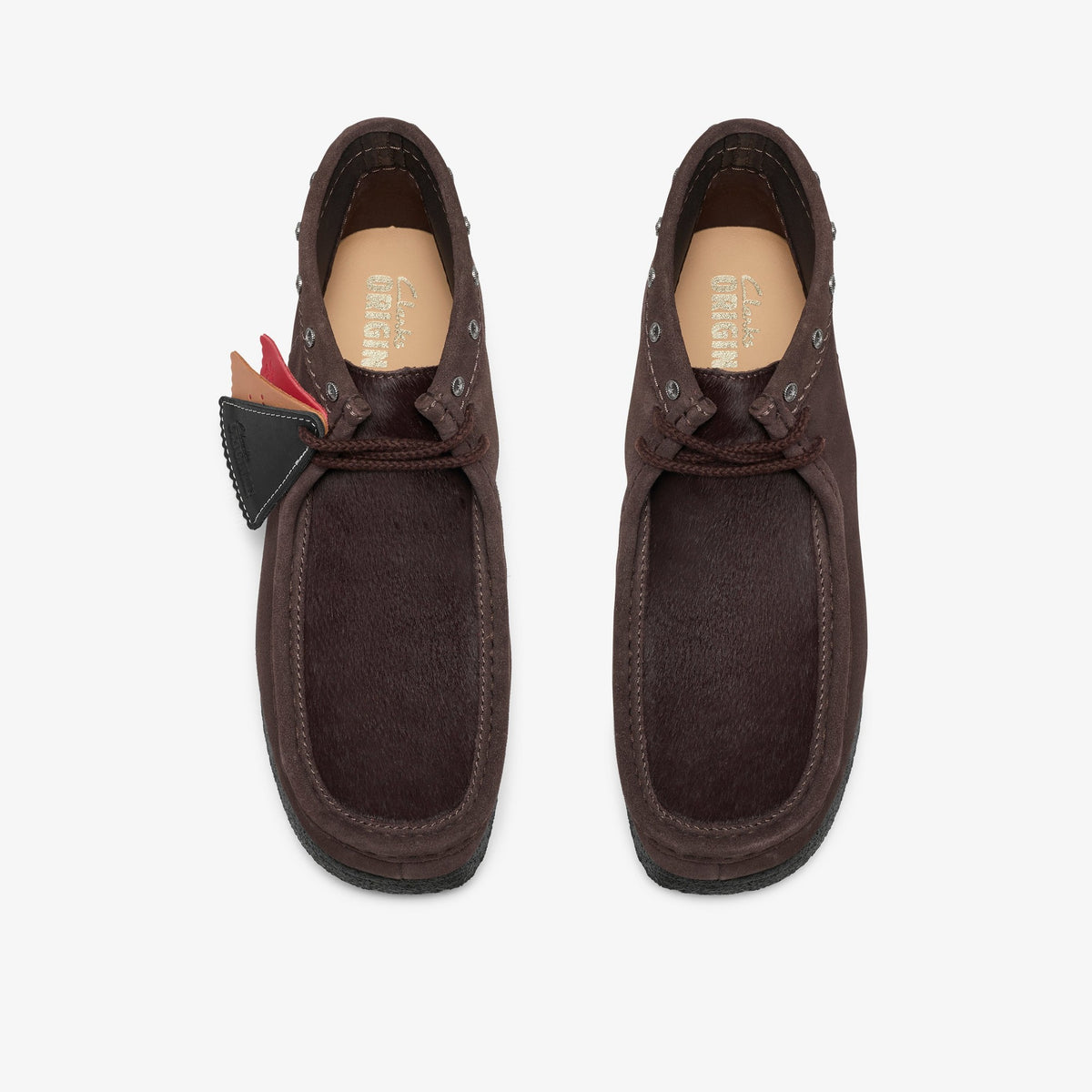 Clarks Wallabee Boot in Brown Interest, top view of pair with hairy brown vamp, suede upper and tan insoles
