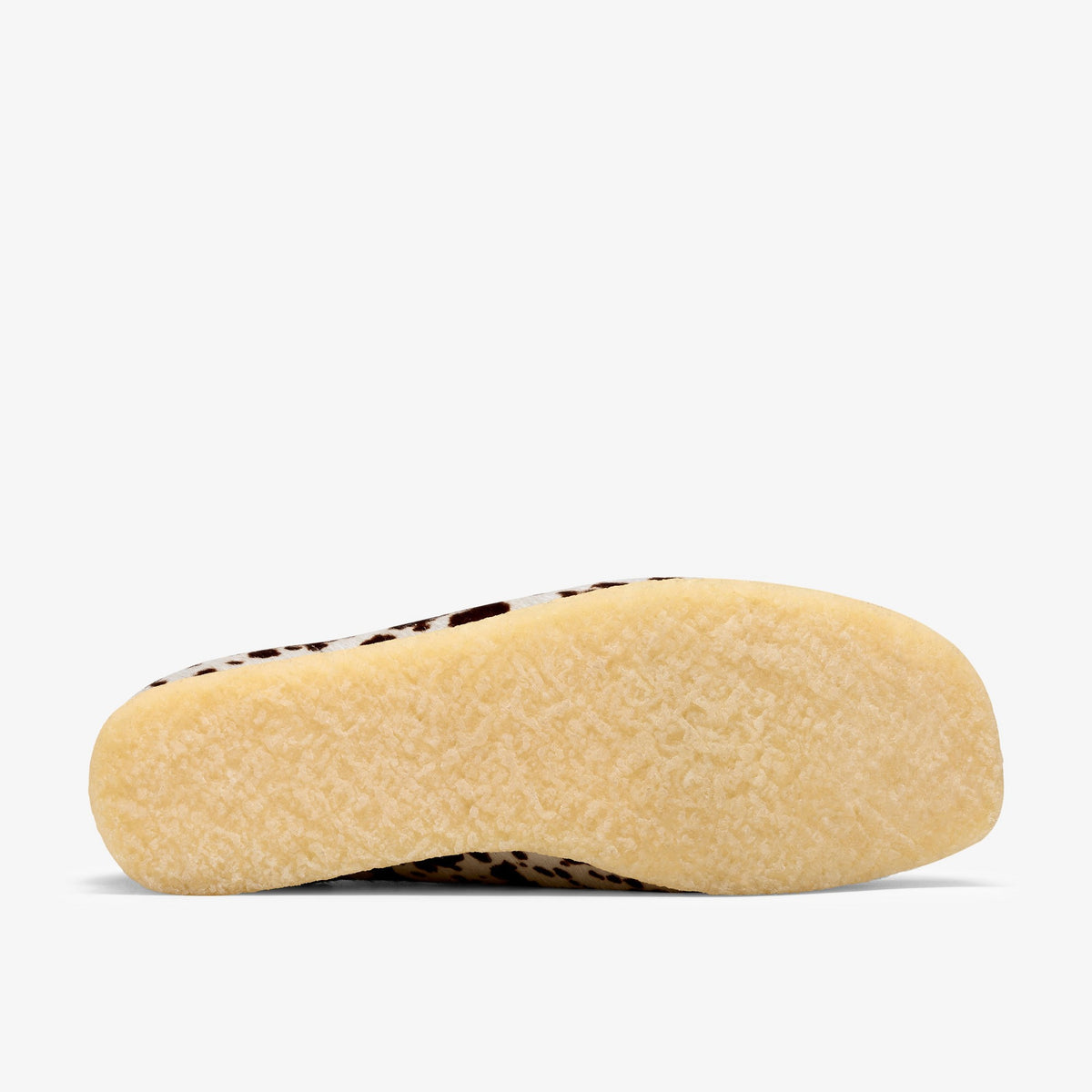 Clarks Originals x Blanch Yu Wallabee sole view, natural crepe outsole with Brown Cow Print upper edges