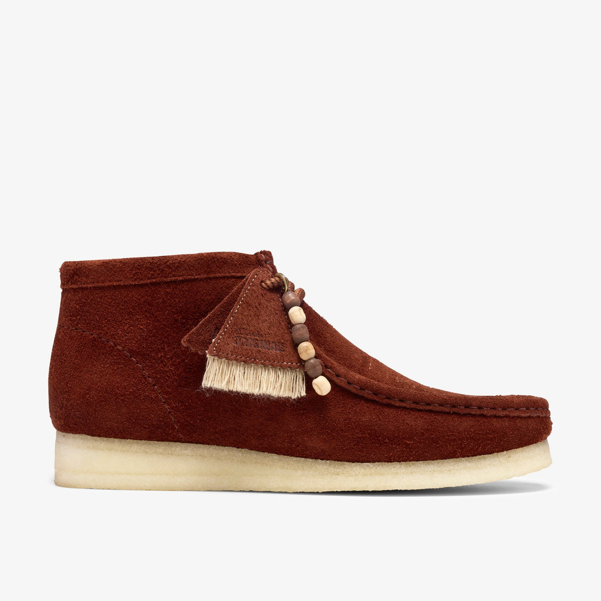 Clarks Originals Wallabee Boot side view in Brown Combination Suede, fringed tassel with wood beads, crepe sole