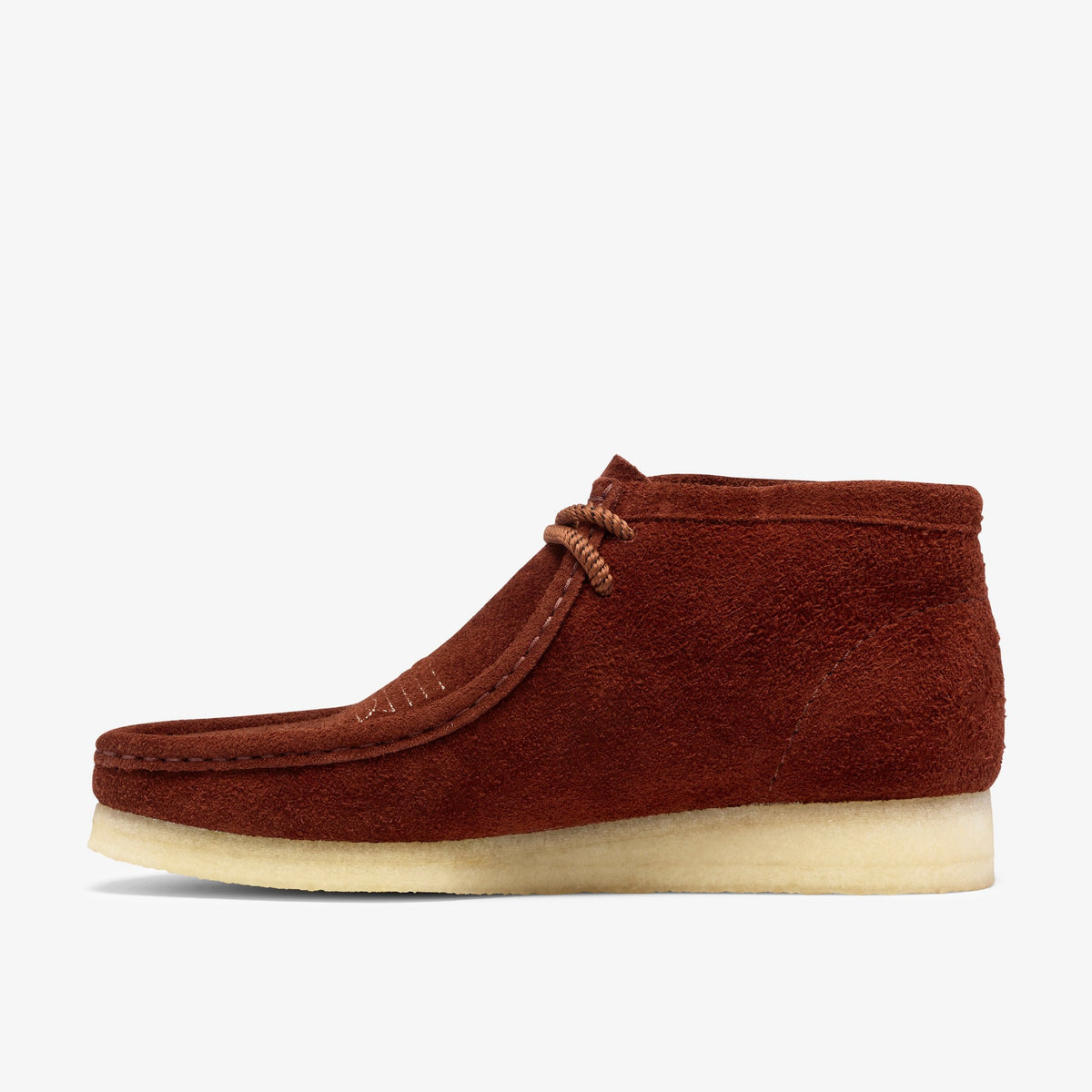 Clarks Wallabee Boot side view in Brown Combination Suede with moc-toe stitching and natural crepe sole