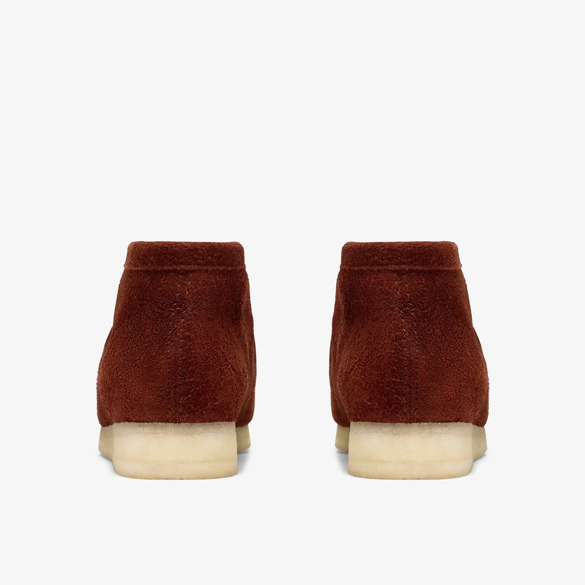 Clarks Wallabee Boot back view of pair in Brown Combination Suede with textured suede heels and cream crepe soles