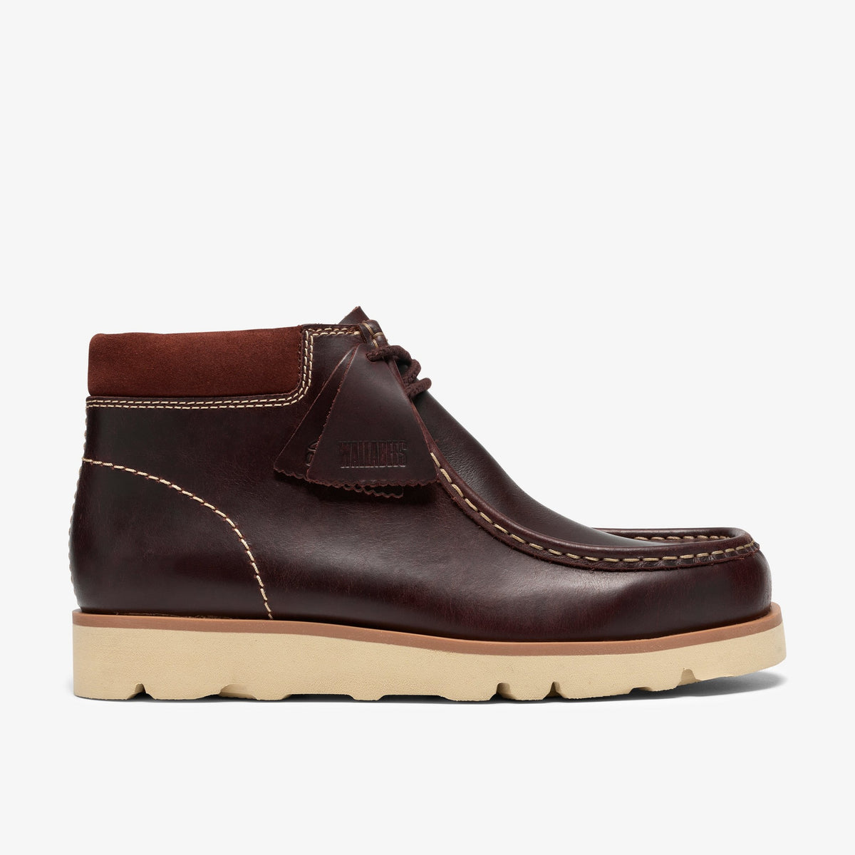 Clarks Walla Orkhon side view in British Tan leather with suede collar, cream contrast stitching and cream lug sole