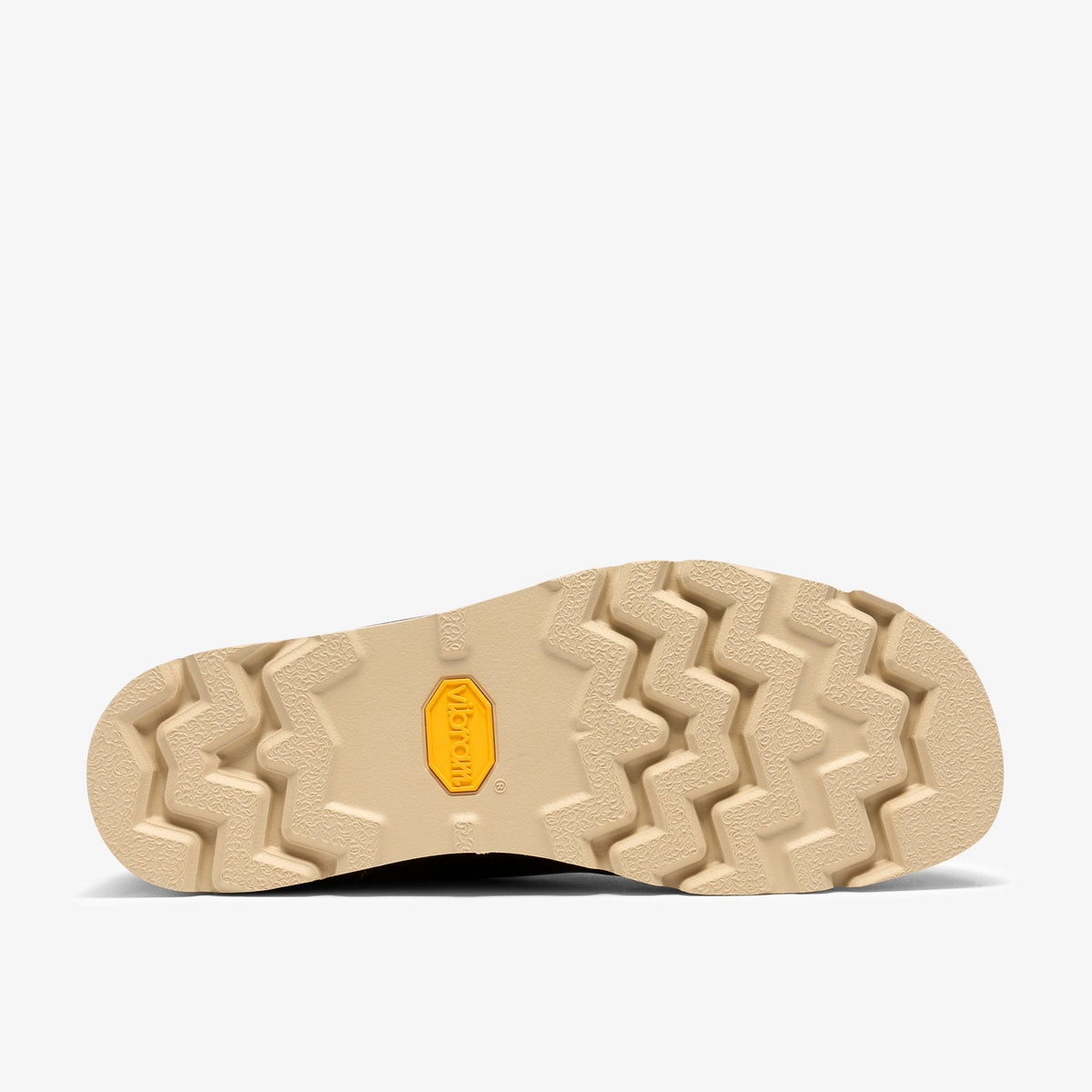 Clarks Walla Orkhon Boot sole view, cream Vibram rubber outsole with zigzag lug tread and yellow Vibram logo