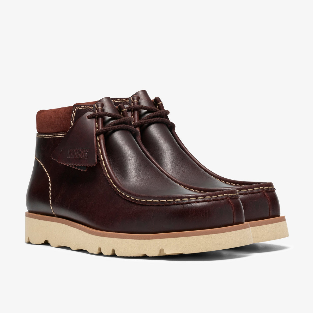 Clarks Walla Orkhon pair, front angle: British Tan leather, suede collar, contrast stitching, cream lug sole