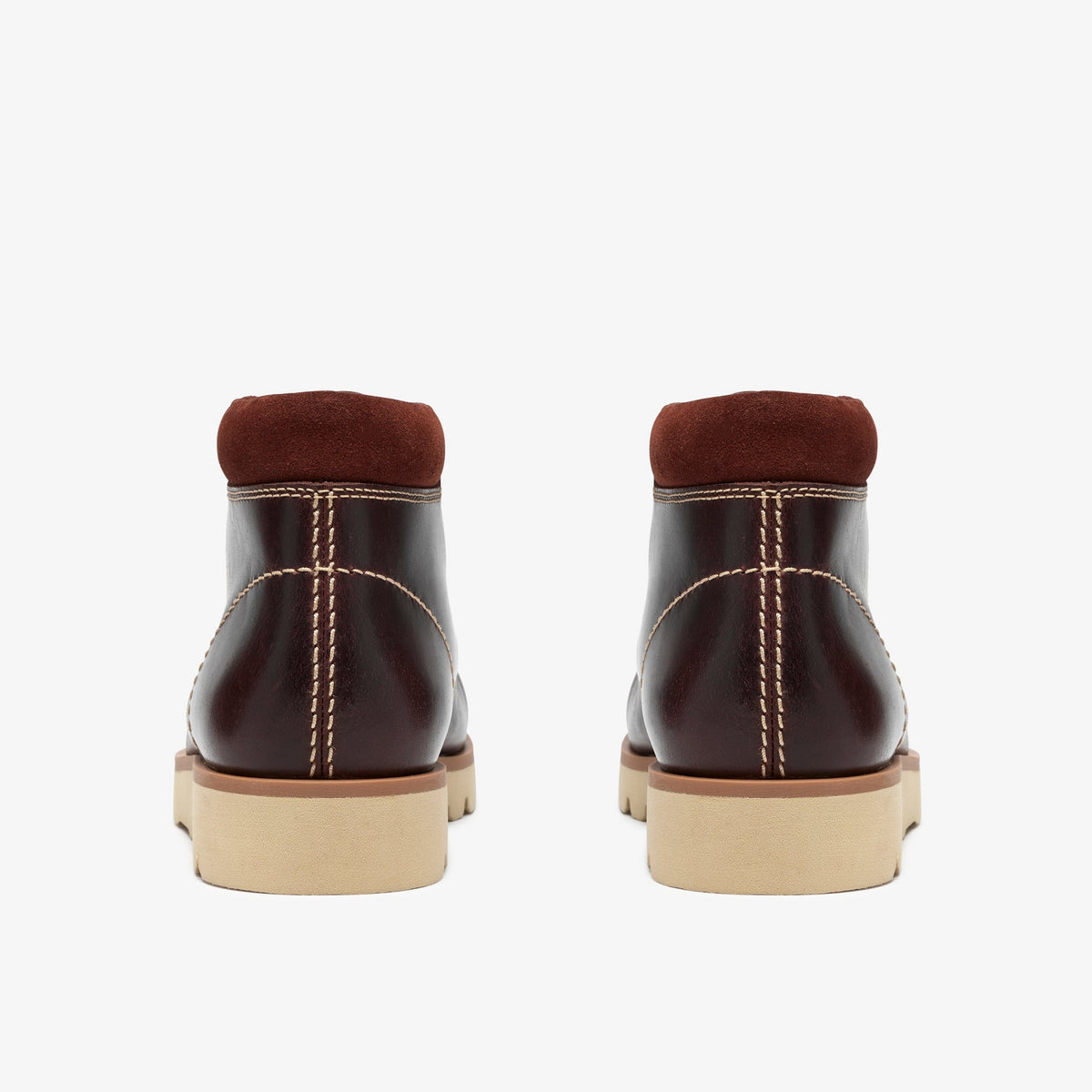 Clarks Walla Orkhon Boot in British Tan, back view of pair showing leather, contrast stitching, suede collar, cream sole