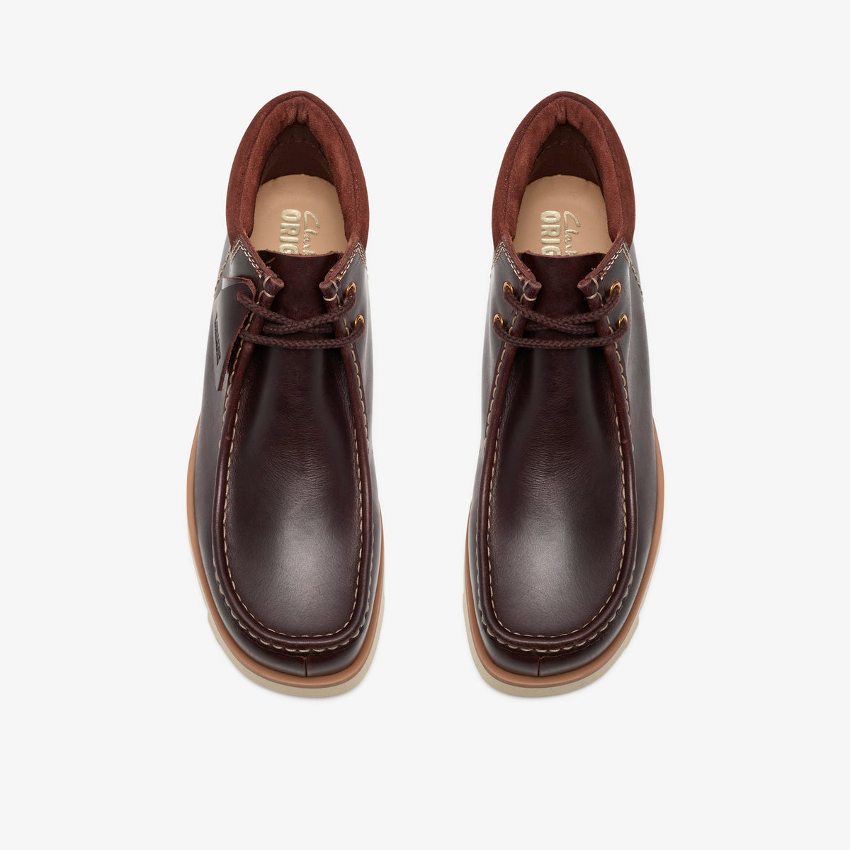 Clarks Walla Orkhon Boot in British Tan, top view of pair showing dark leather moc toe uppers and tan laces