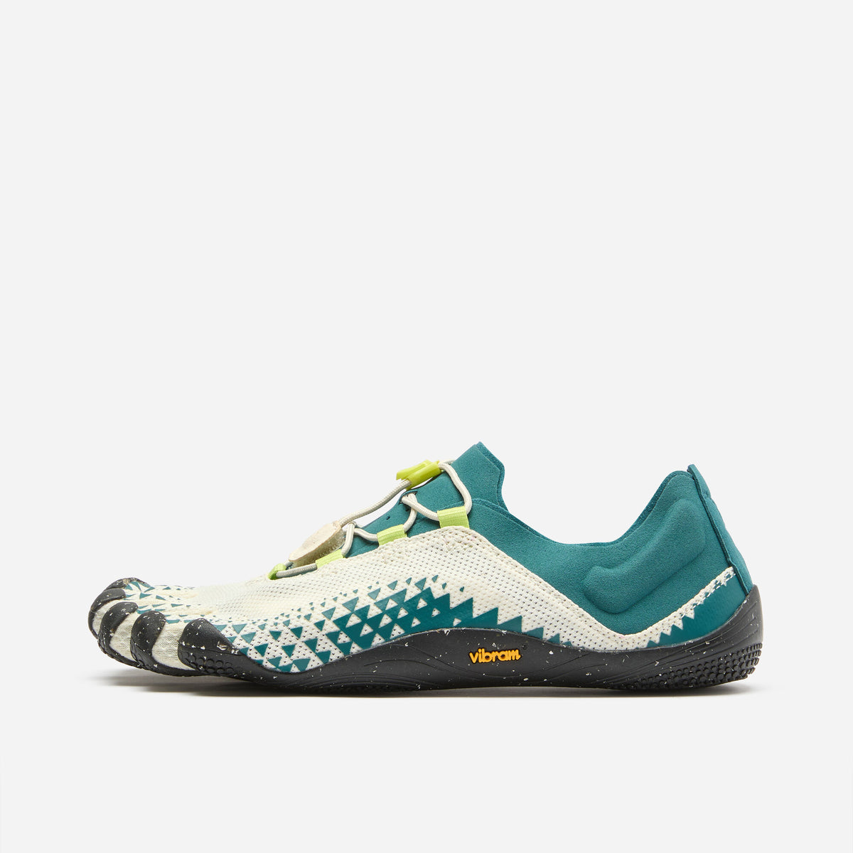 Vibram FiveFingers Groundsplay LS side view, Ivory knit toe with Deep Lake triangle print, heel and speckled sole