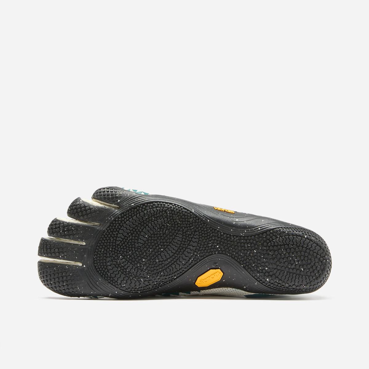 Vibram FiveFingers Groundsplay sole view, black toe-pocket outsole with white speckles and yellow Vibram logo