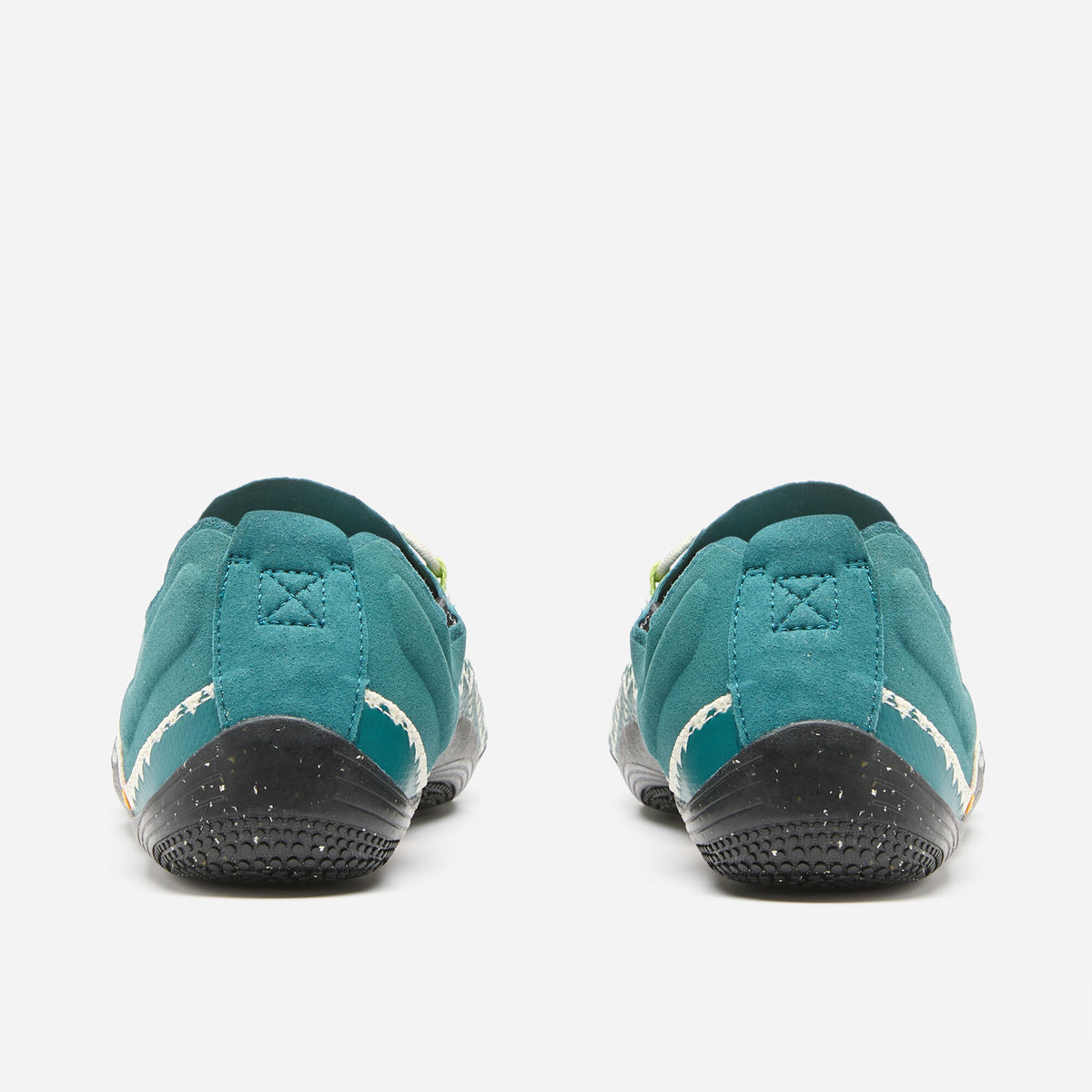Vibram FiveFingers Groundsplay back view of pair, Deep Lake suede heels with X stitch and speckled black rubber sole
