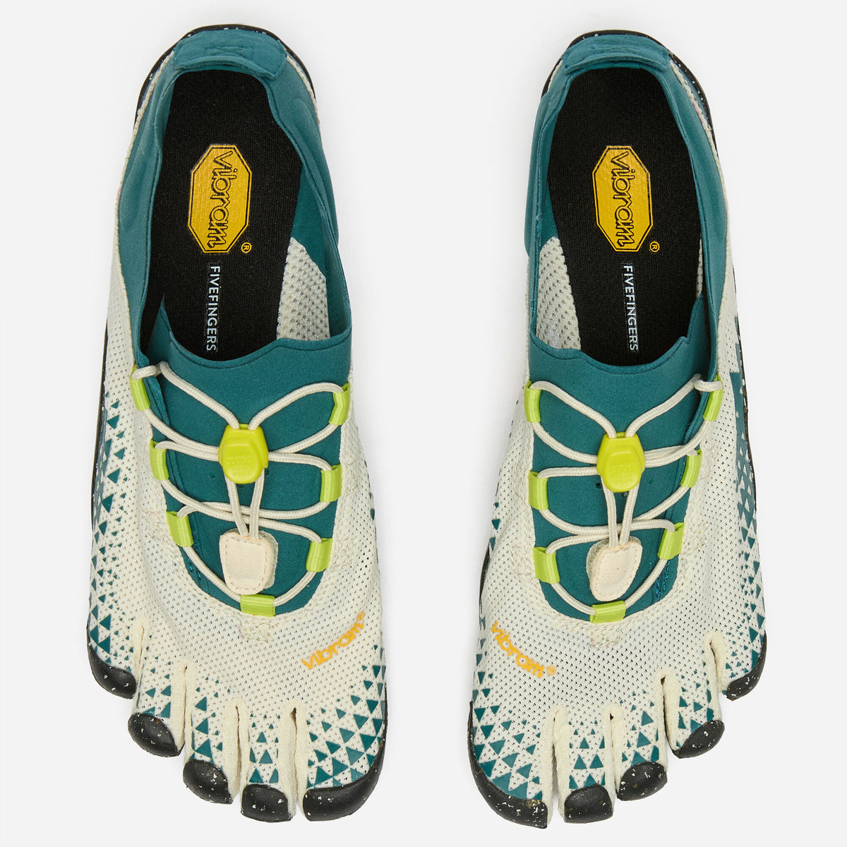 Vibram FiveFingers Groundsplay, pair top view: Ivory / Deep Lake knit, five toes, lime toggle laces, yellow logo insoles