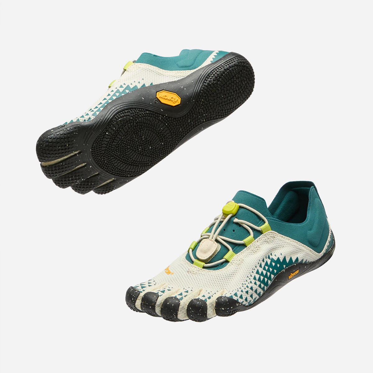 Vibram FiveFingers Groundsplay LS in Ivory / Deep Lake, pair showing black Vibram sole and toggle-lace top view