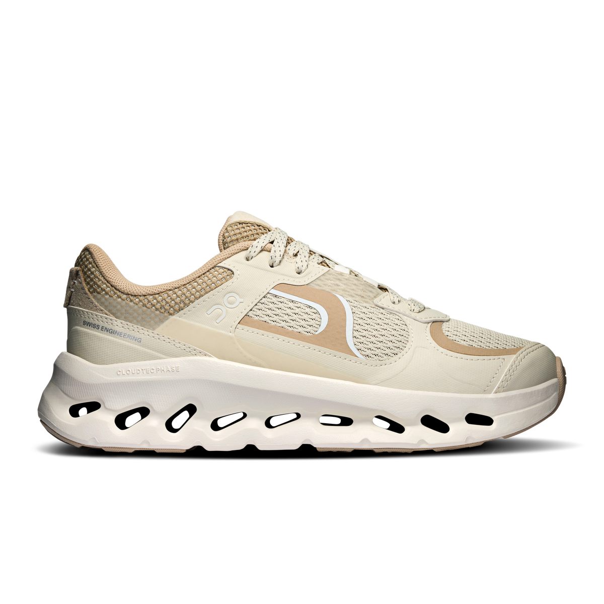 On Cloudtilt Arc side view in Grain and Ivory, tan mesh and suede overlays on a white CloudTec Phase sole
