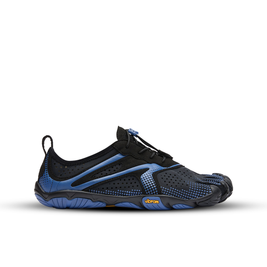 Black and blue athletic shoe on a white background