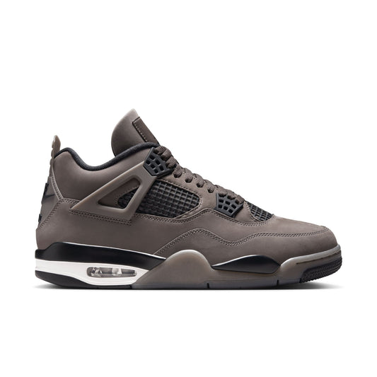 Gray Air Jordan 4 Retro sneaker with black accents on a white background