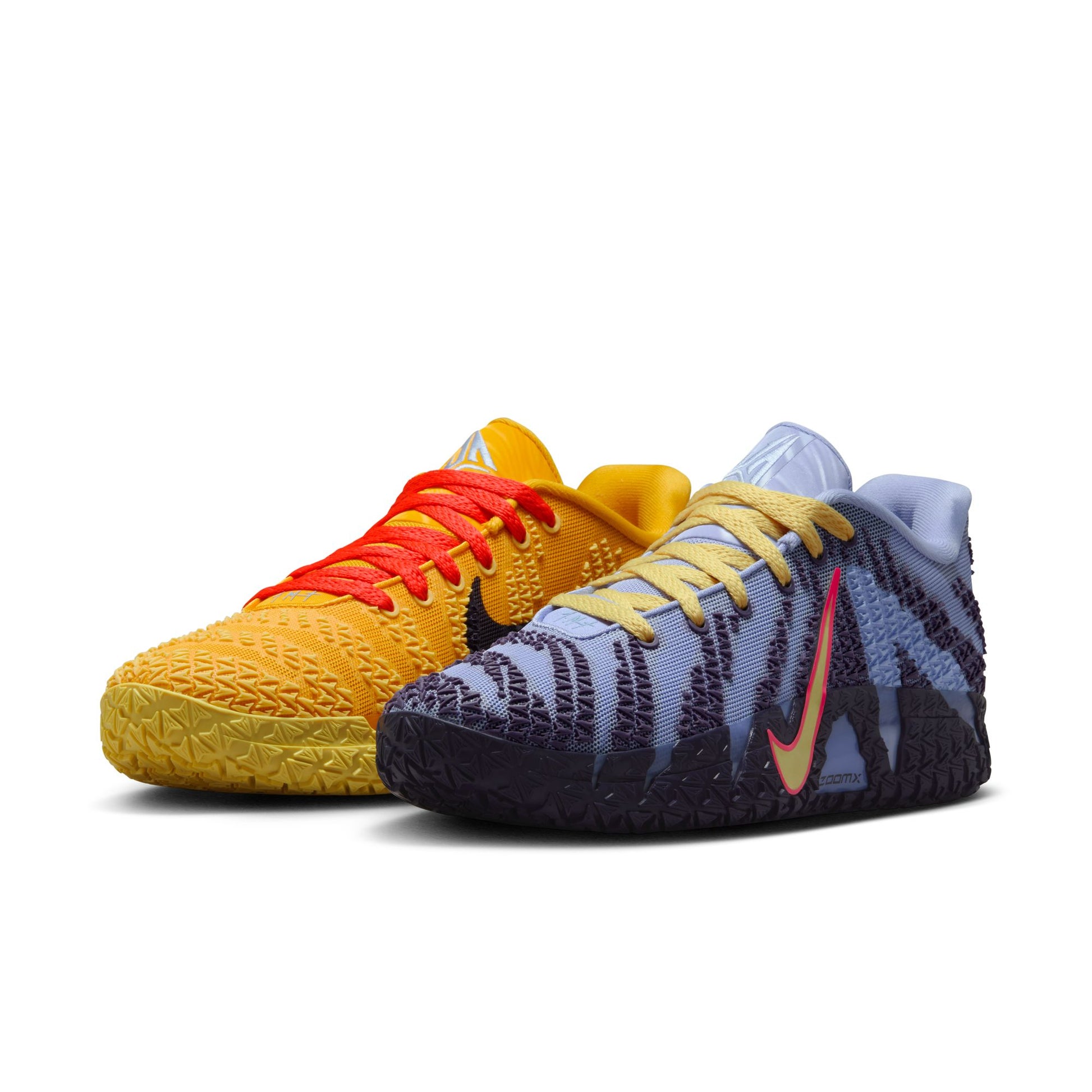 Two colorful Nike JA 3 sneakers, one yellow and red, the other blue and purple, on a white background.