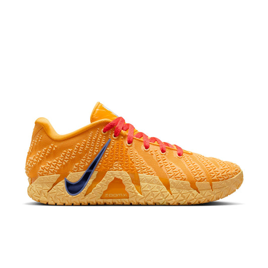 Orange Nike JA 3 athletic shoe with red laces on a white background