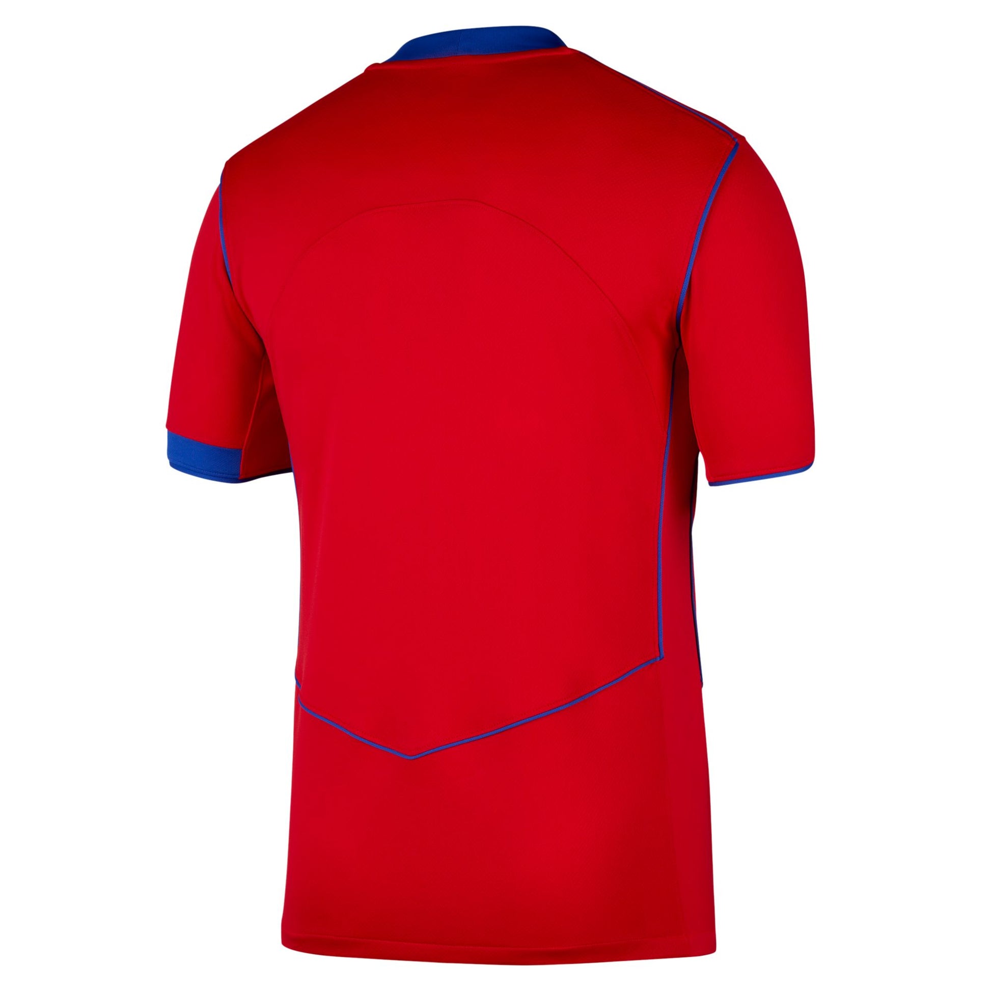 Red sports jersey with blue accents on a white background