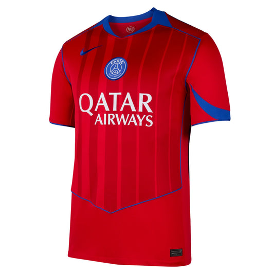Red sports jersey with blue accents and 'Qatar Airways' branding on a white background