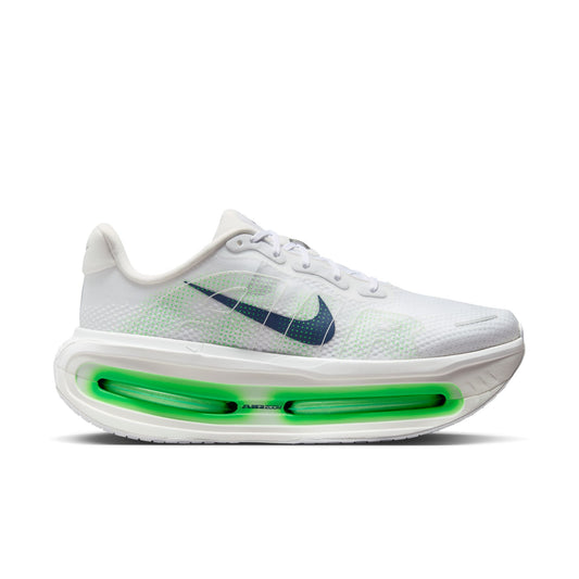 Nike Vomero Premium side view in white mesh with Midnight Navy Swoosh and Green Spark Air Zoom units in the sole