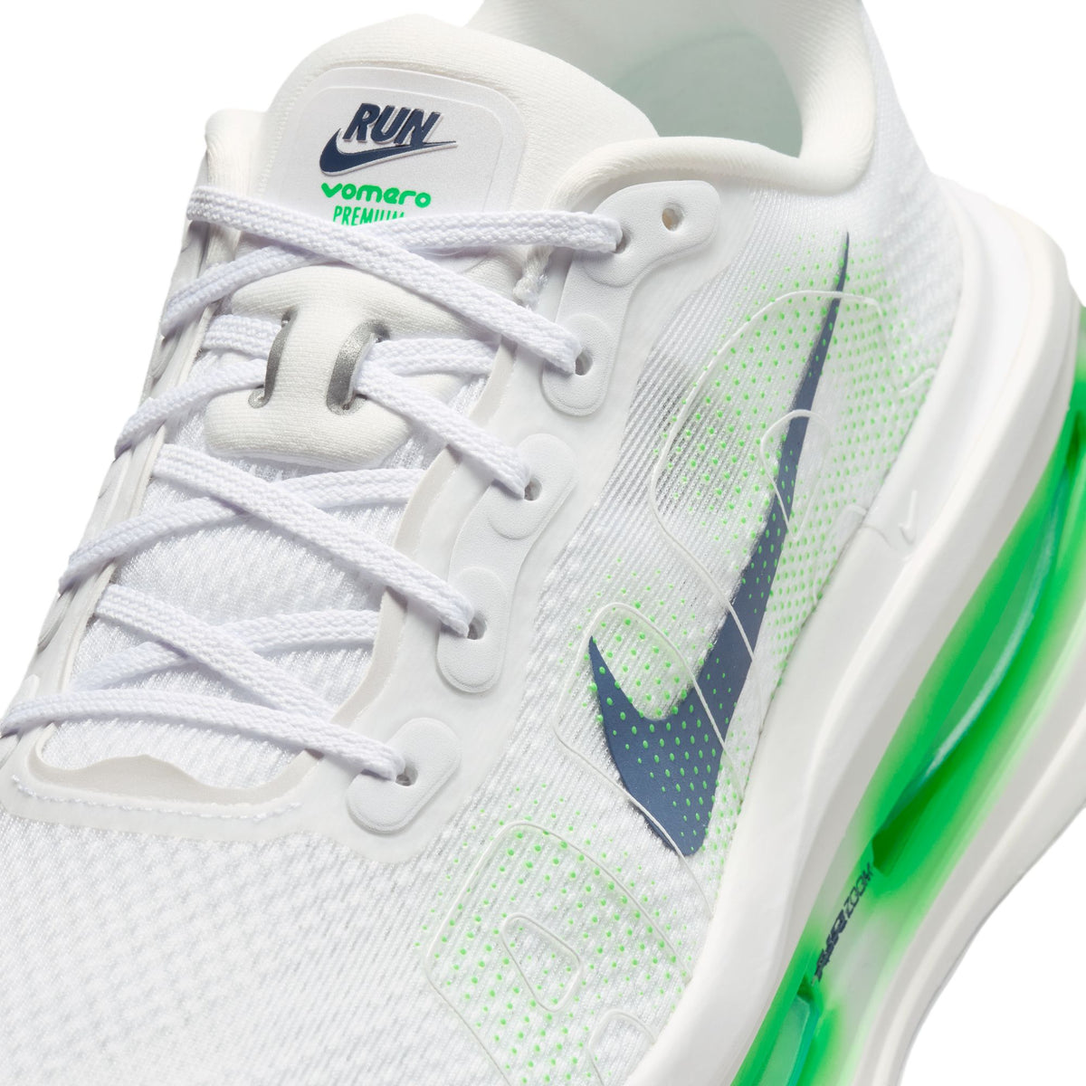 Nike Vomero Premium Mens Shoes, White/Midnight Navy/Green Spark, photo 8 of 11