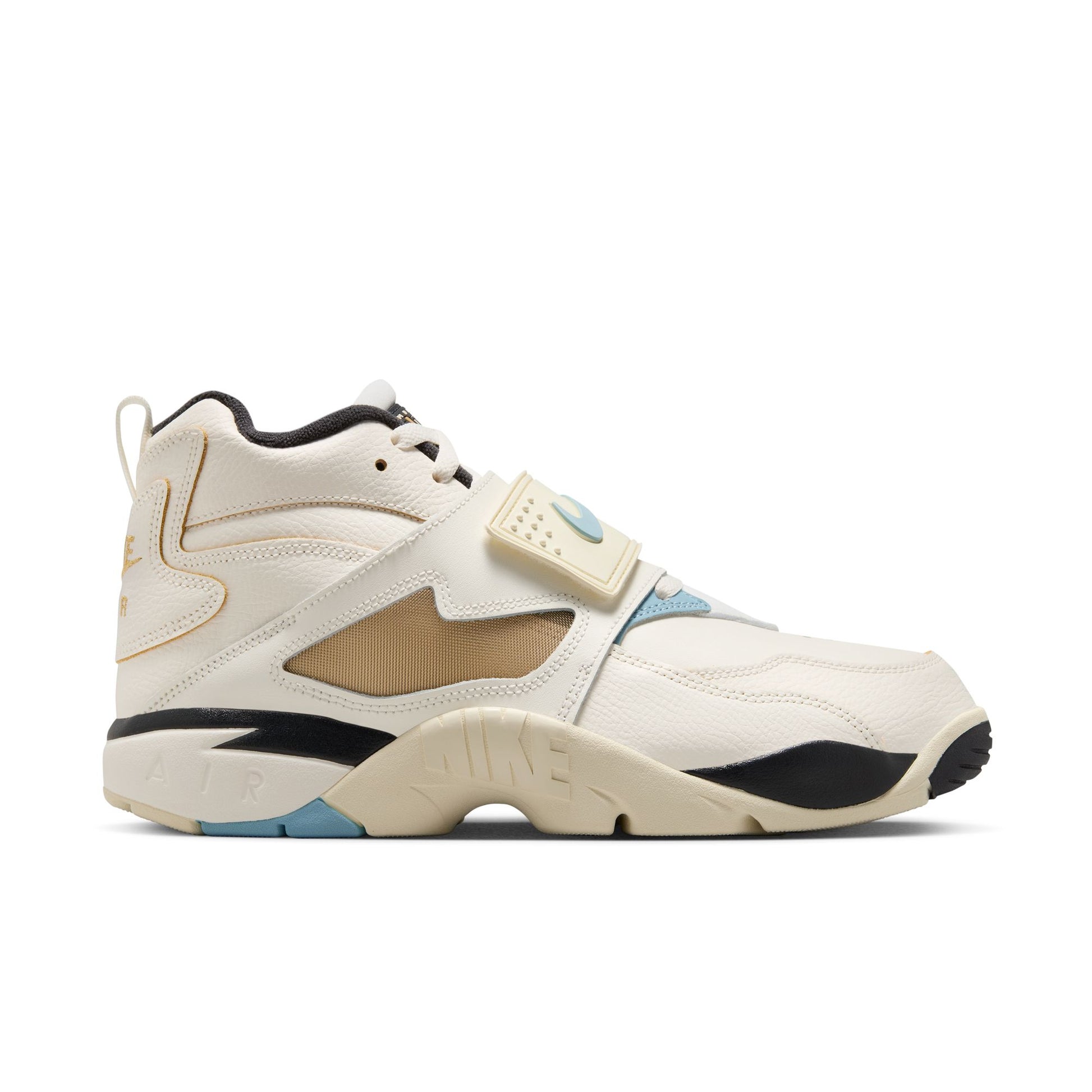 White sneaker with black and blue accents on a white background