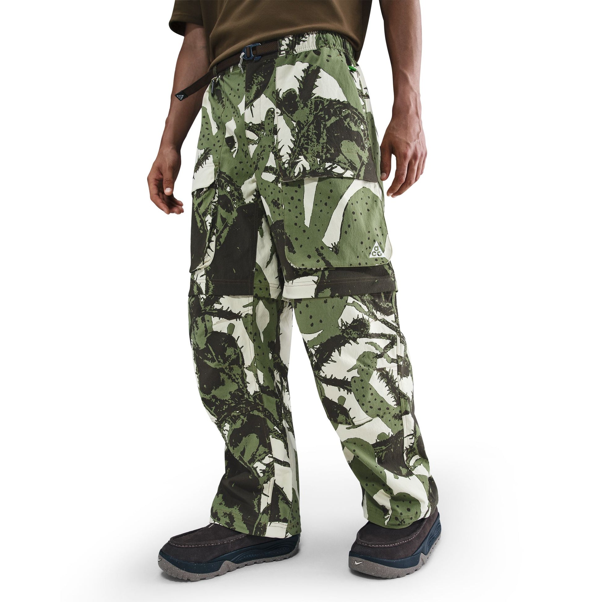 Camouflage pants with ACG logo on a white background
