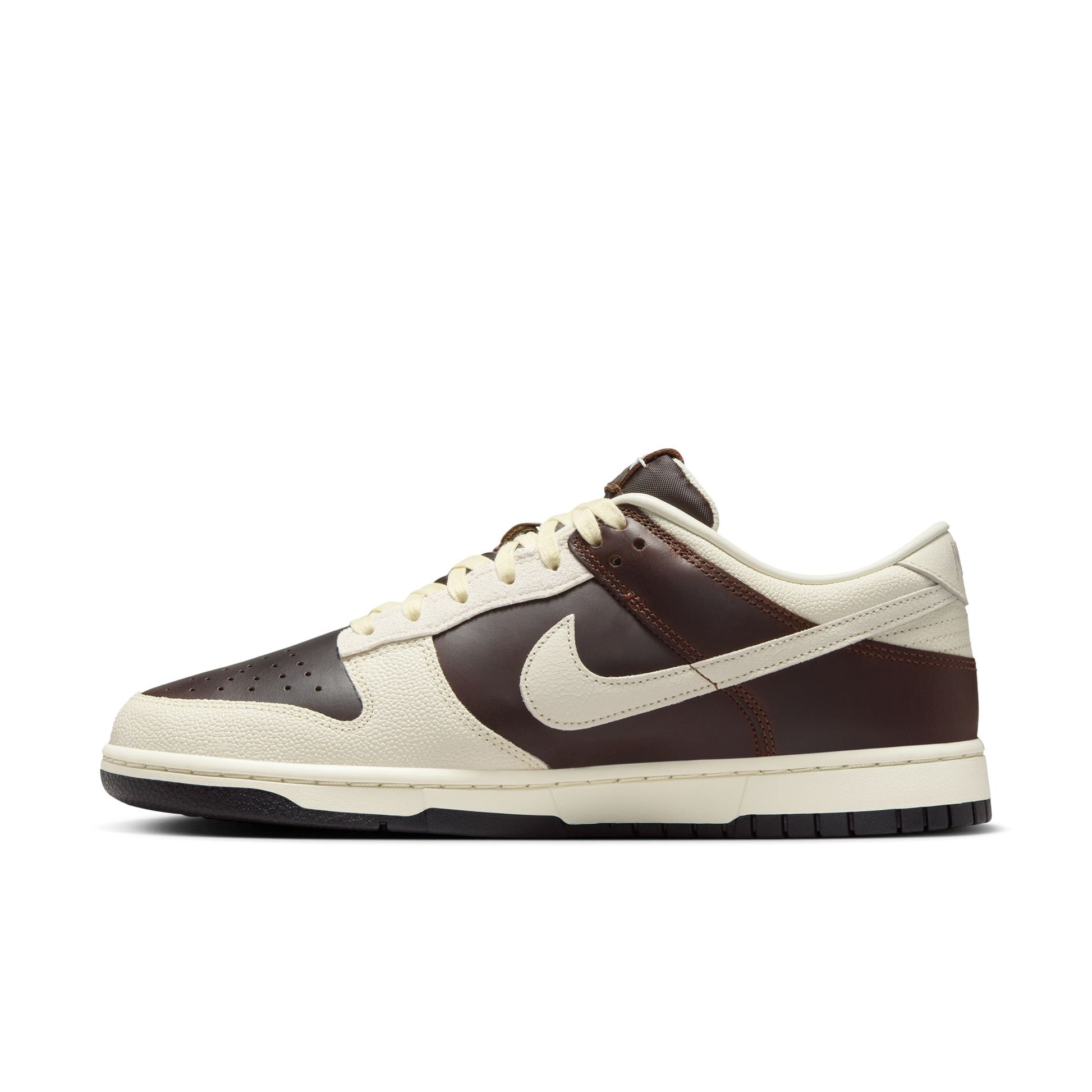 Brown and beige Nike Dunk Low with Nike logo on a white background