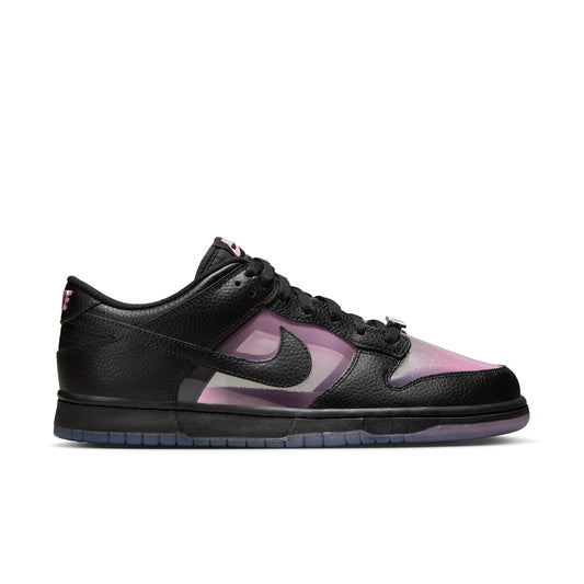 Black and pink (transparent) Nike Dunk sneaker with Nike logo on a white background