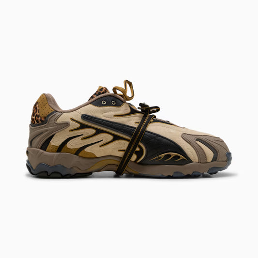Beige and black sneaker with unique design on a white background