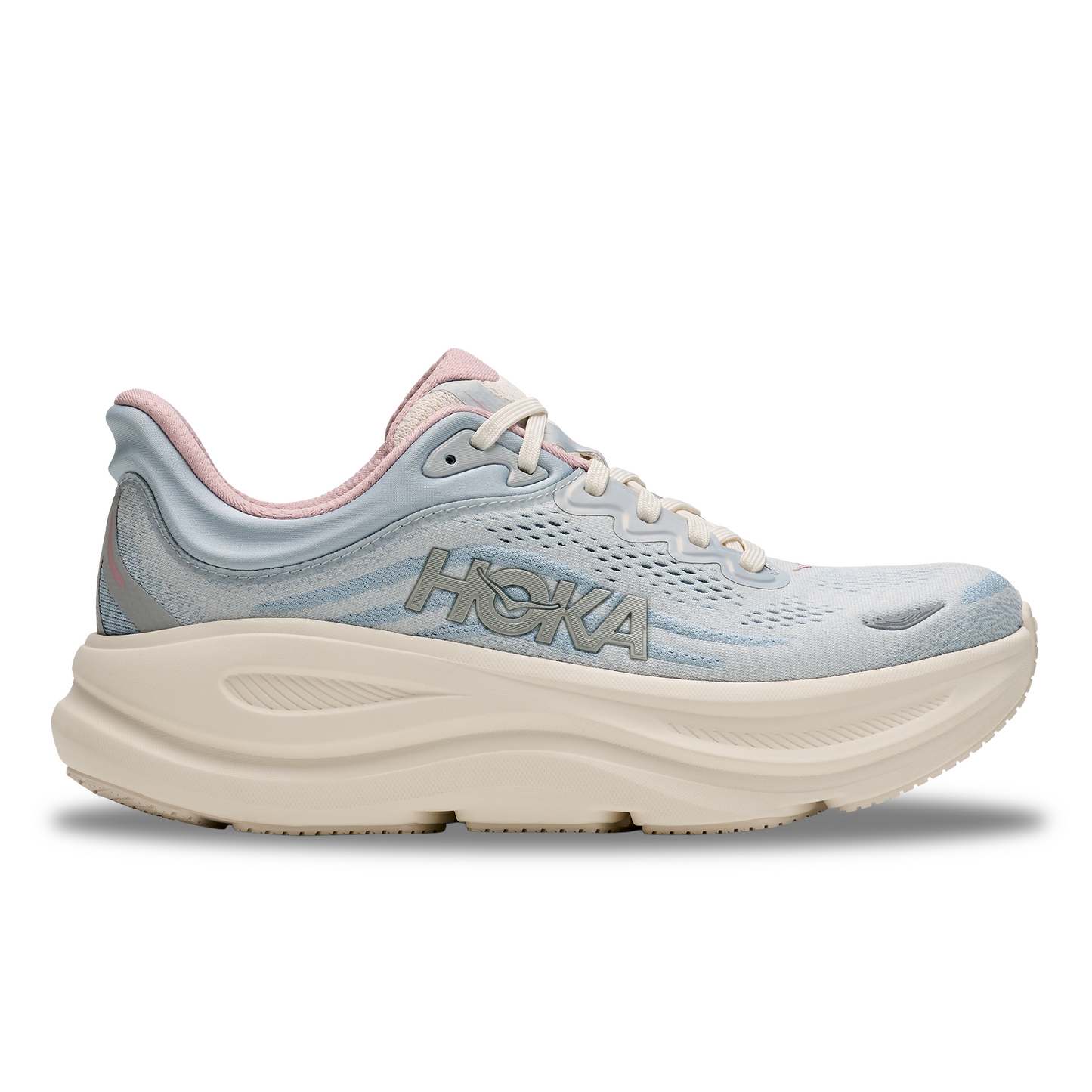 HOKA Bondi 9 GLM Women's Shoes Color: Alabaster / Mineral Blue Style: 1179195-ATRM