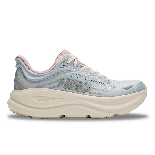 HOKA Bondi 9 GLM Women's Shoes Color: Alabaster / Mineral Blue Style: 1179195-ATRM