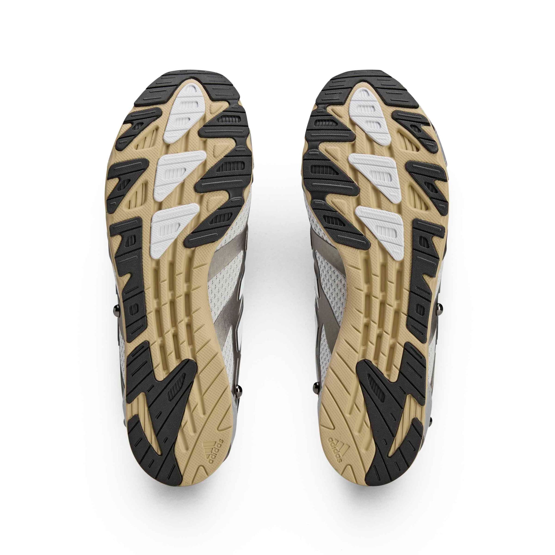 Close-up of a pair of hiking shoes with tread pattern on a white background