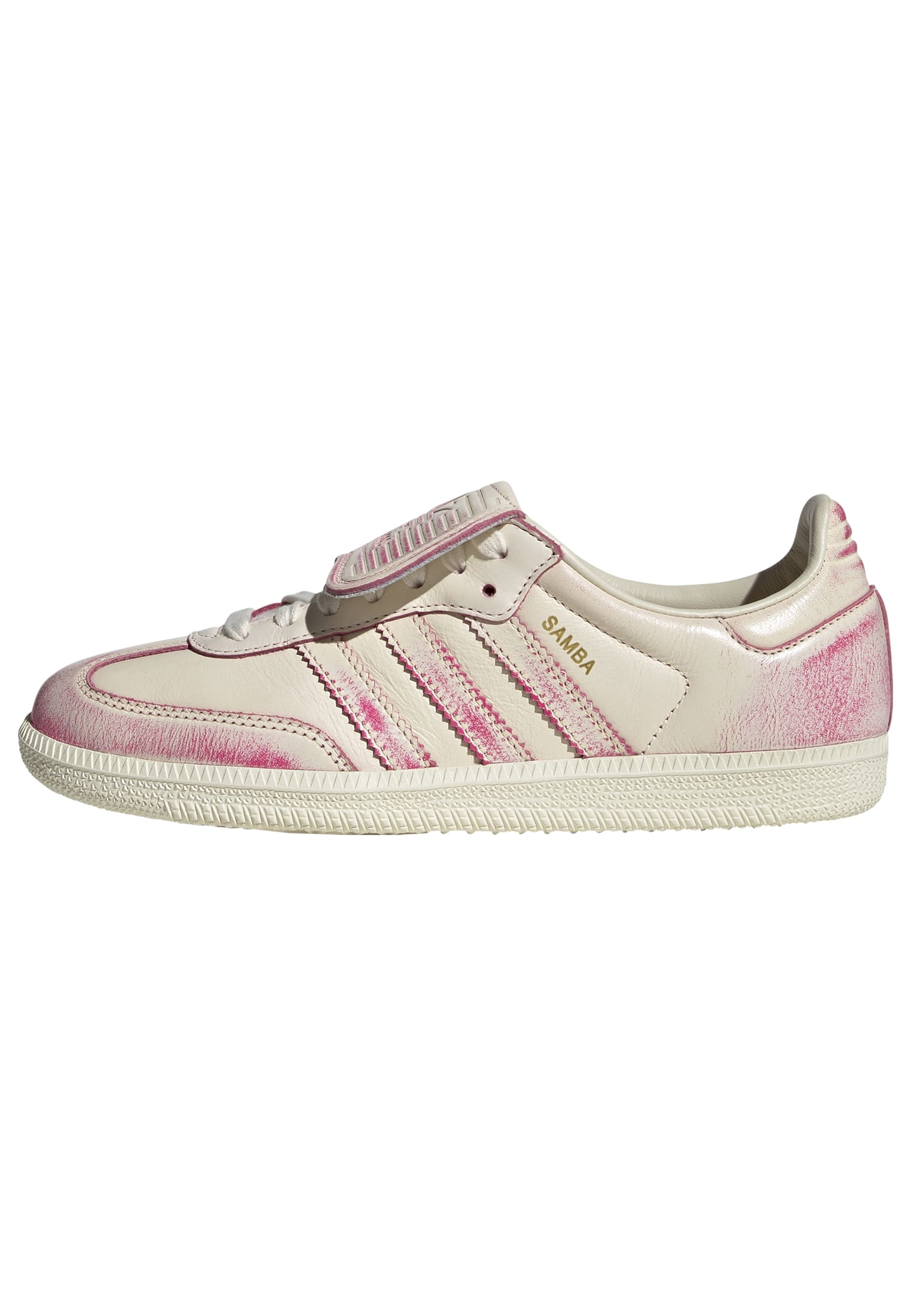 Pink and white sneaker with a visible brand logo on a white background