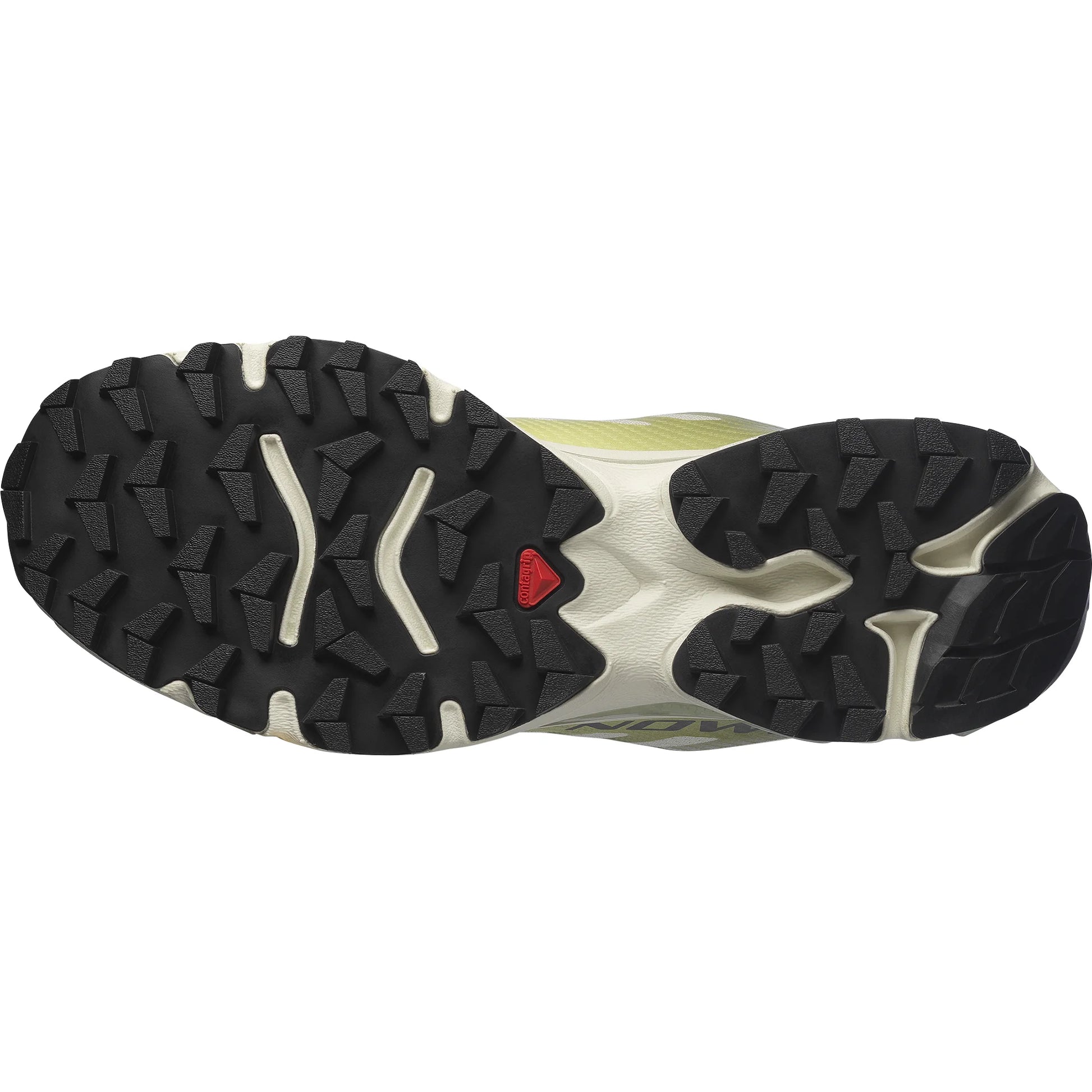 Close-up of a Salomon sole with a textured pattern on a white background