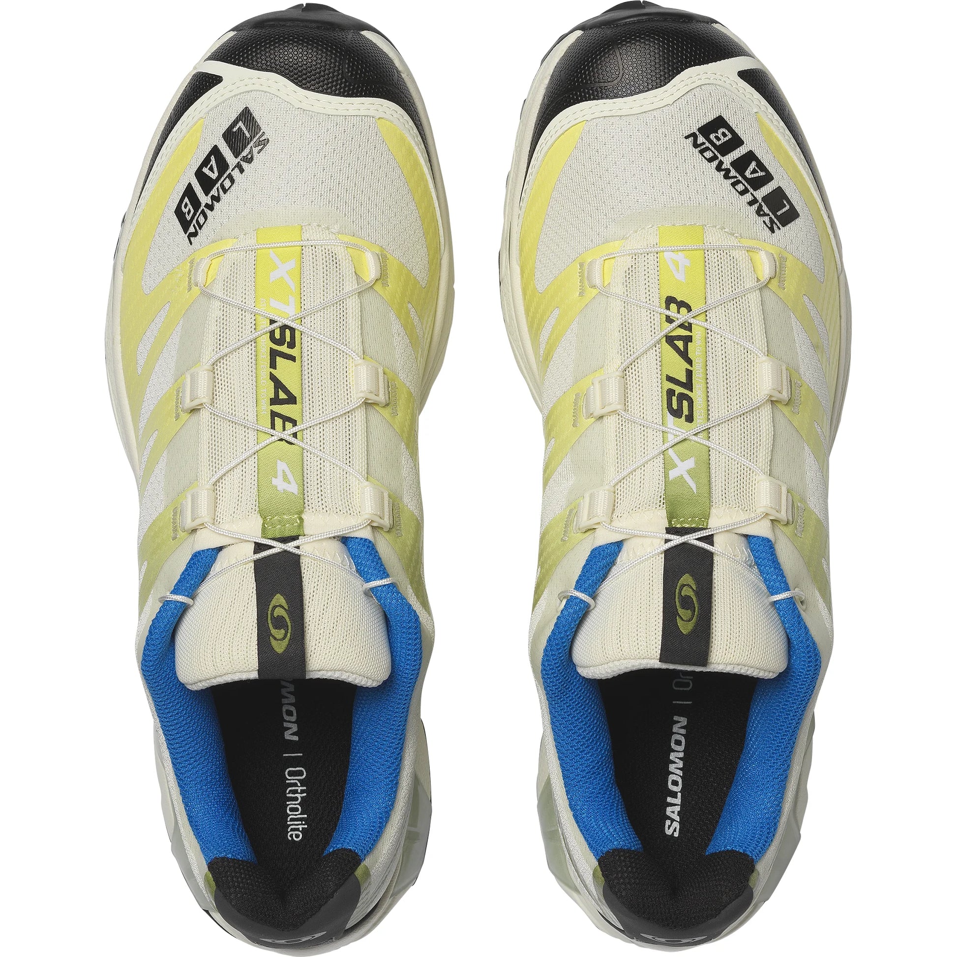 Pair of Salomon XT4 running shoes with white, yellow, and blue design on a white background