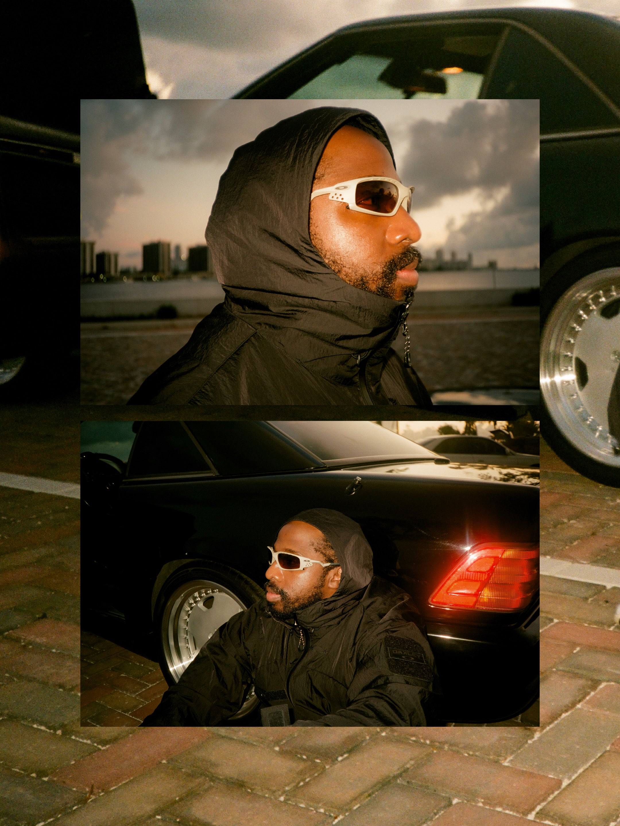 A collage-style fashion photo featuring a man in a black hooded jacket and white sunglasses posed beside a black car, with a city skyline in the background.