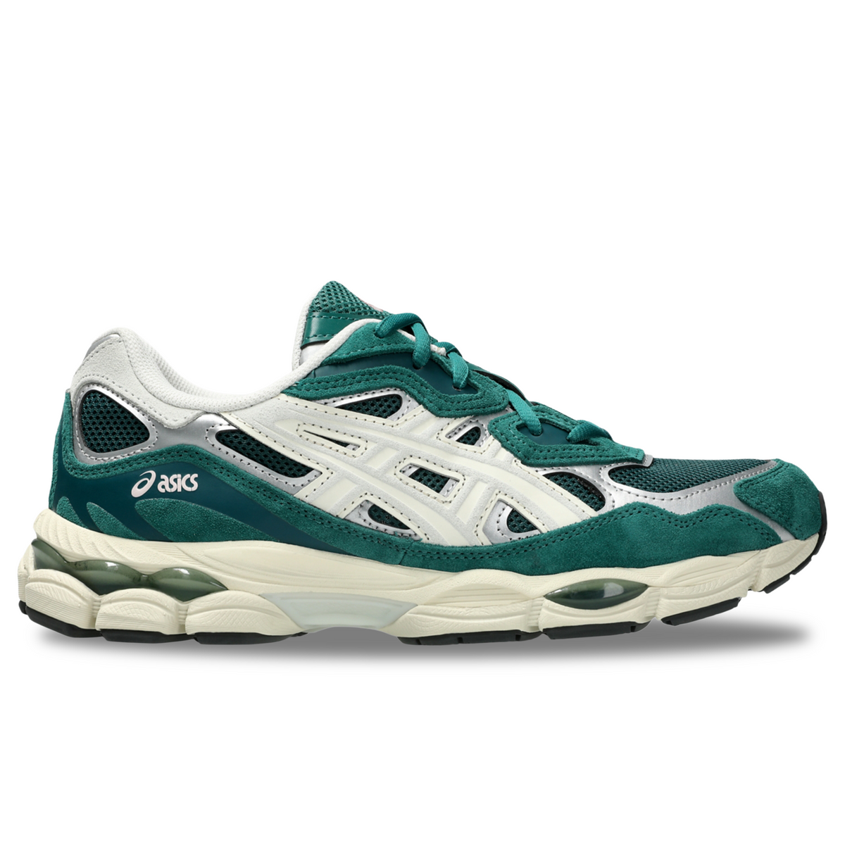 ASICS GEL-NYC side view in Everglade/Light Sage, green suede and mesh upper with cream stripes, silver accents, cream sole