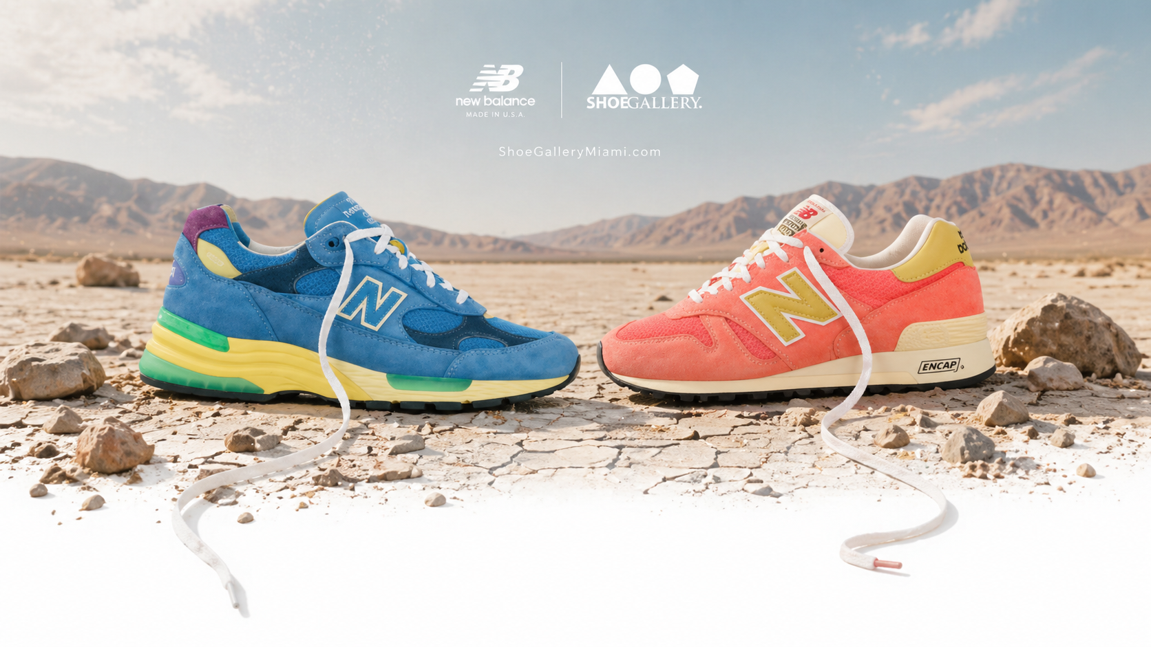 Two colorful New Balance sneakers on a desert landscape with mountains in the background.