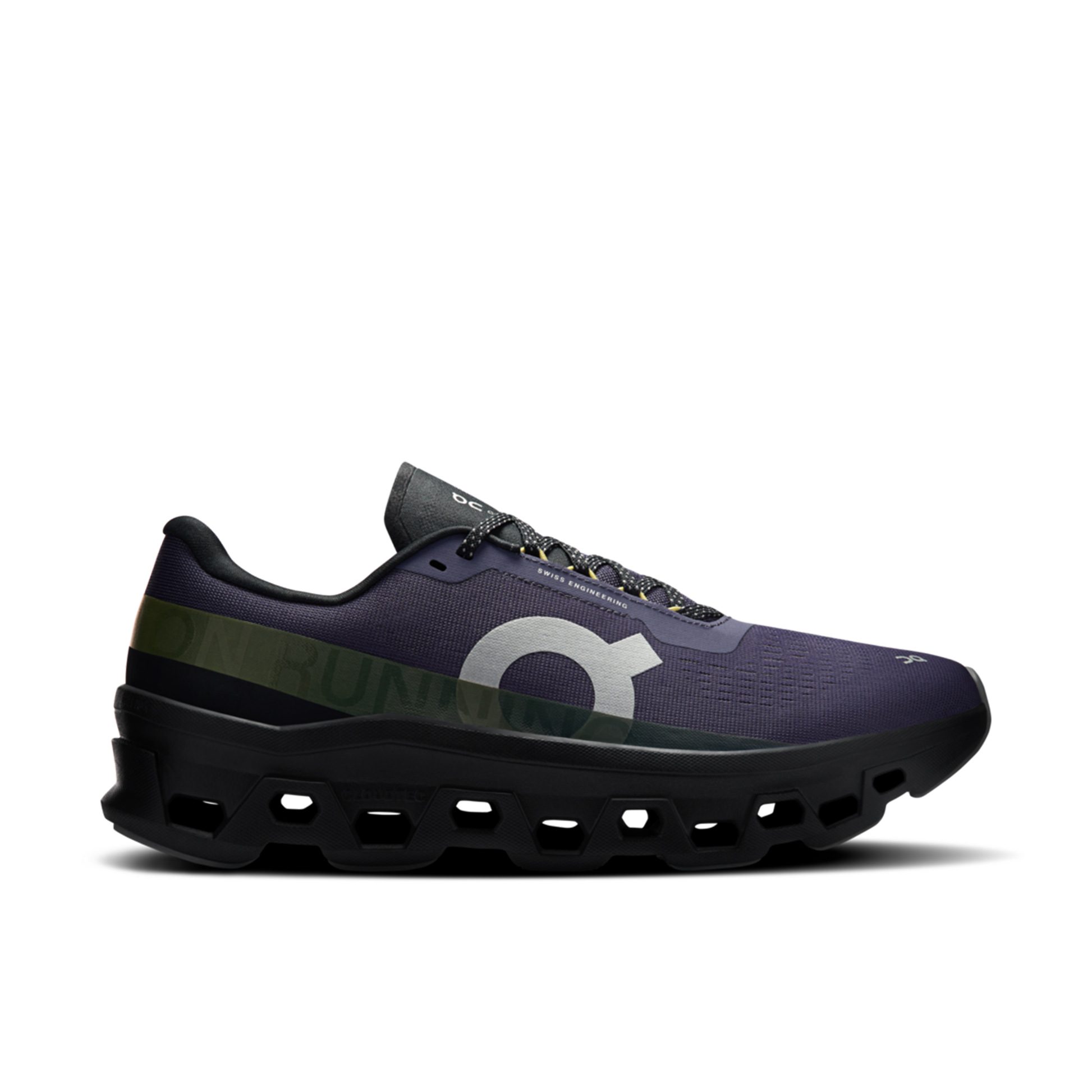 Navy running shoe with a white logo on a white background
