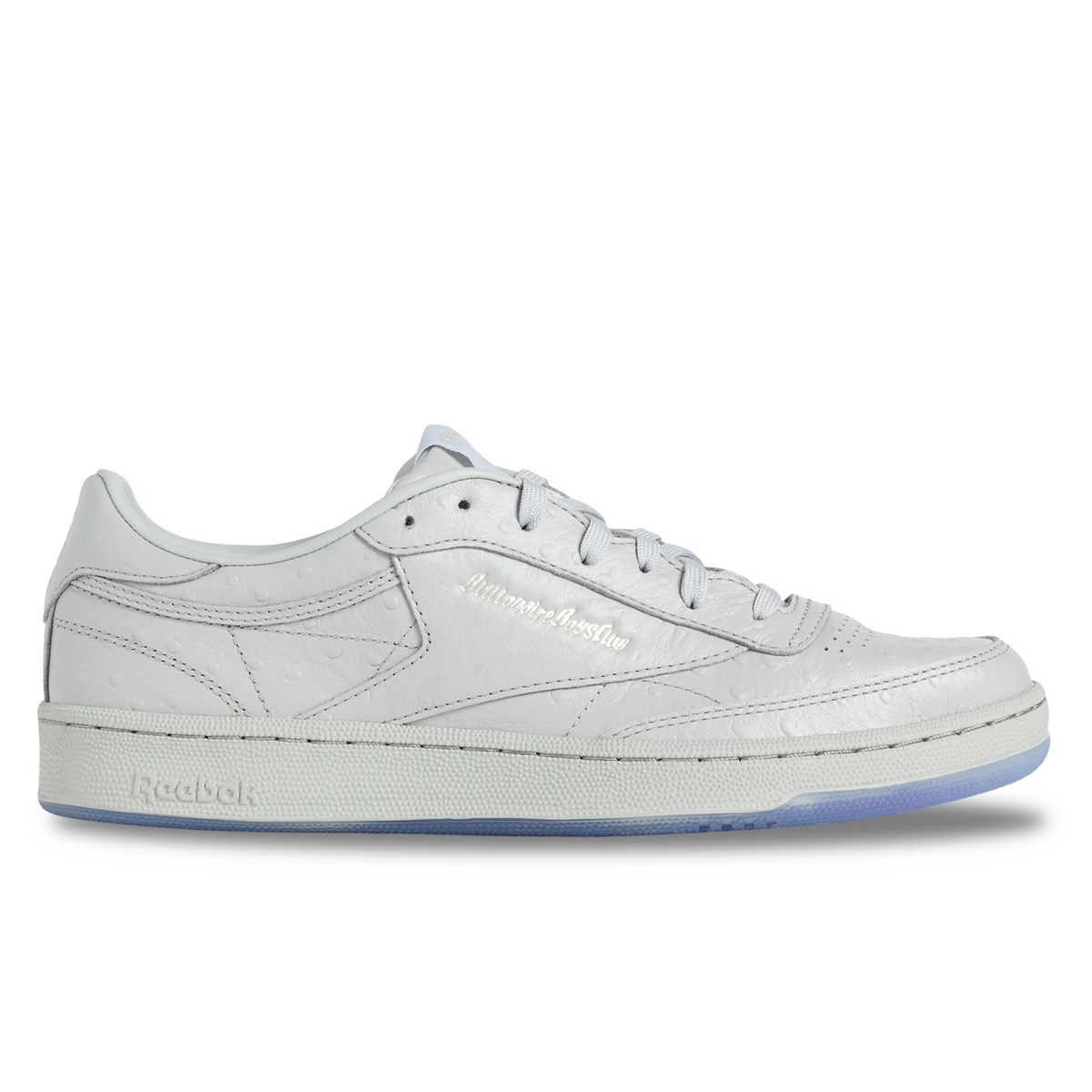Billionaire Boys Club x Reebok Club C 85 side view in grey ostrich-textured leather, script logo, icy purple sole