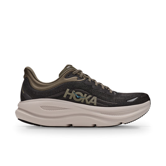 HOKA Bondi 9 in Black/River Rock Grey, side view: black mesh upper, olive HOKA logo, thick grey midsole
