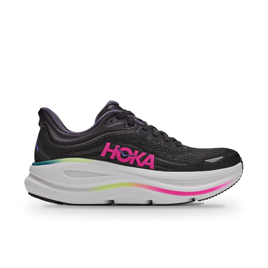 HOKA Bondi 9 side view in Black/Neon Dragonfruit, black mesh upper, pink HOKA logo, white midsole with neon stripe