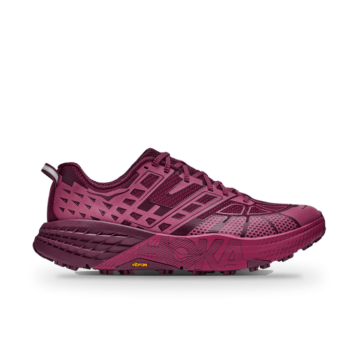 HOKA Speedgoat 2 TS side view in Pink Punch/Cherry Syrup, cage overlays, HOKA midsole logo, Vibram lugged sole