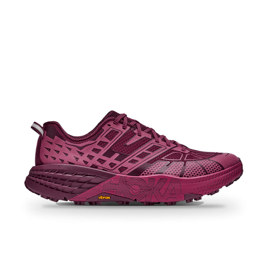 HOKA Speedgoat 2 TS side view in Pink Punch/Cherry Syrup, cage overlays, HOKA midsole logo, Vibram lugged sole