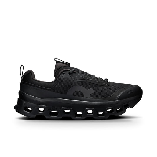 On Cloudmonster 1 WP side view in Black/Black with mesh upper, tonal On logo and hollow CloudTec sole