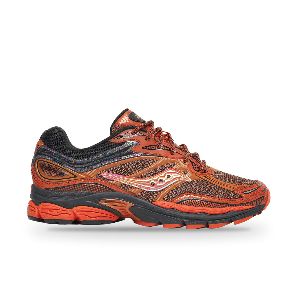Saucony ProGrid Omni 9 in Copper Glow, side view with copper mesh, iridescent logo and black collar