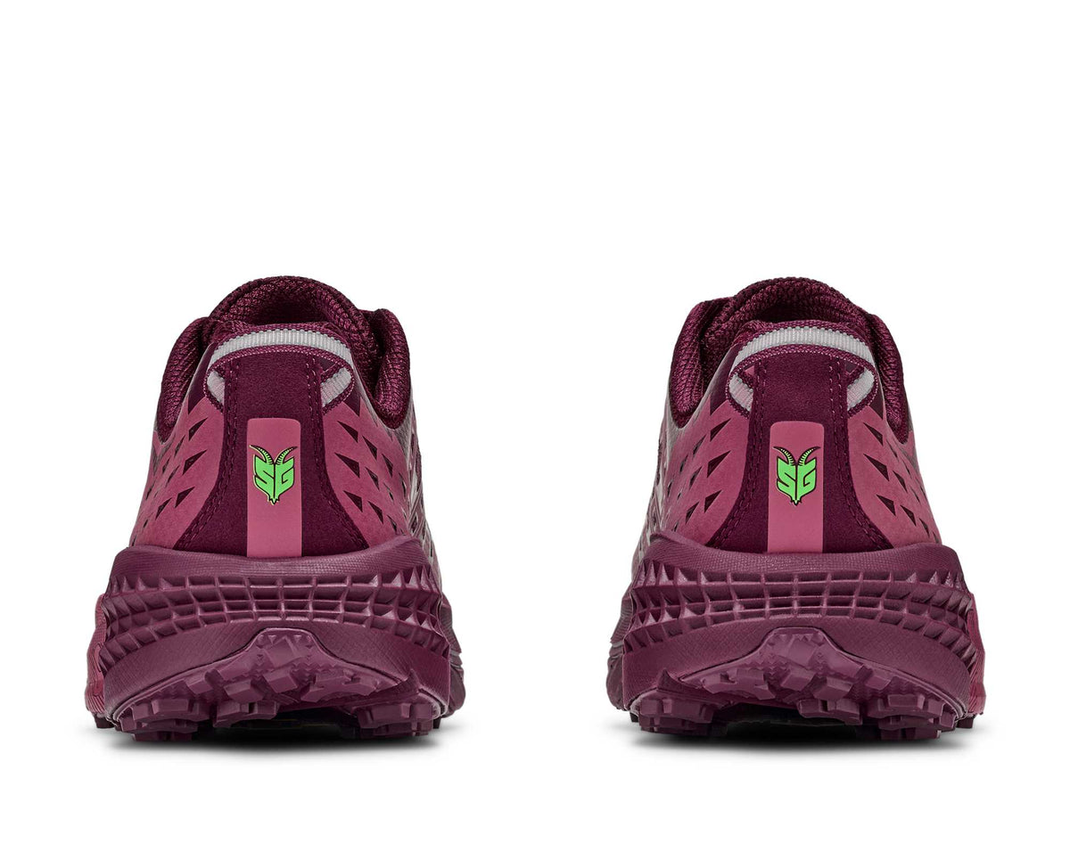 HOKA Speedgoat 2 TS back view of pair in Pink Punch/Cherry Syrup, green goat logo on heel tabs, lugged outsoles