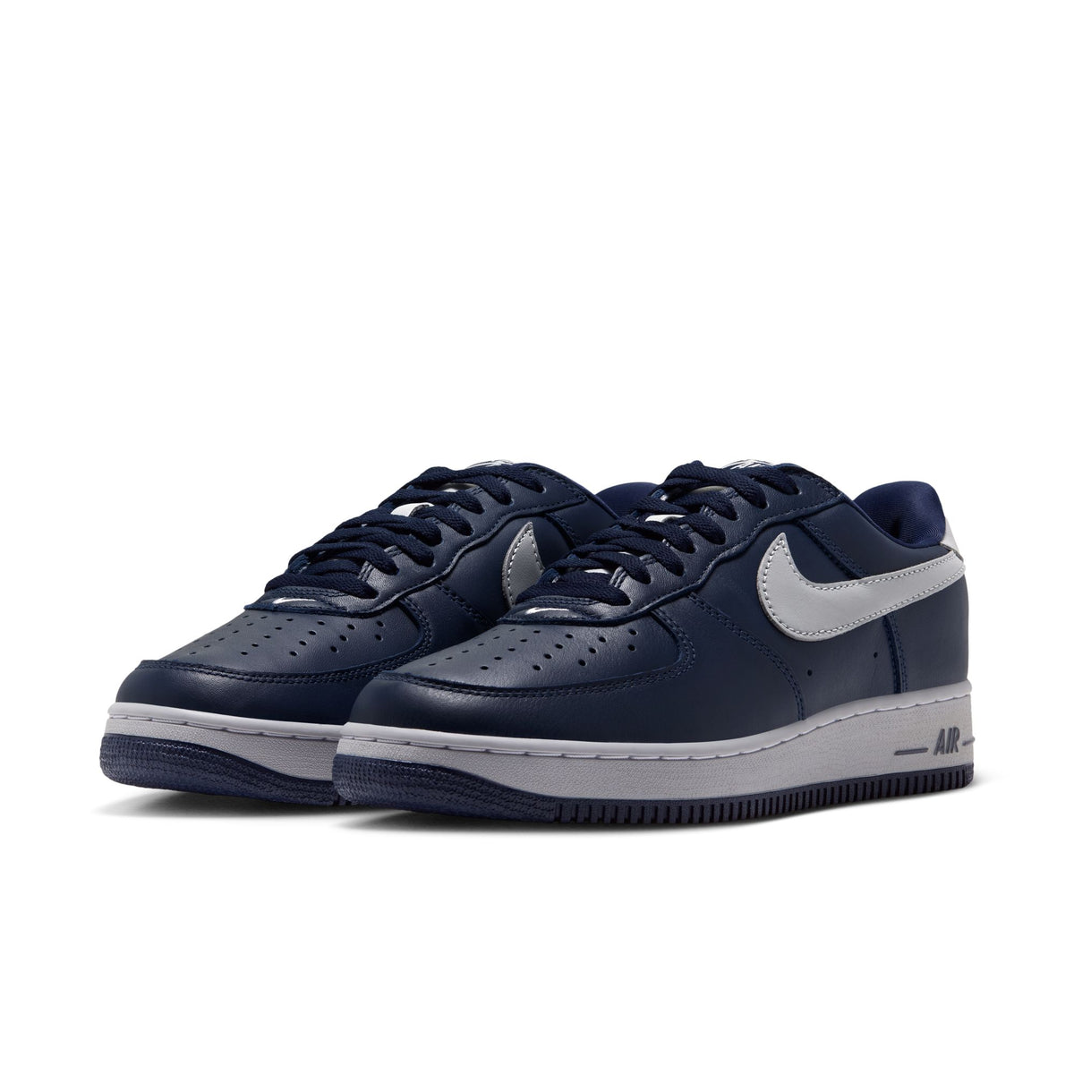 Nike Air Force 1 '01 pair, front view, College Navy leather with Lt Smoke Grey Swoosh and midsole, AIR logo on side